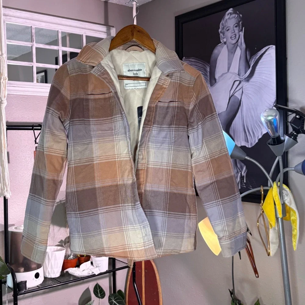 Abercrombie Plaid Flannel Shirt Jacket Kids 11/12 Tan Purple New Quilted Shacket